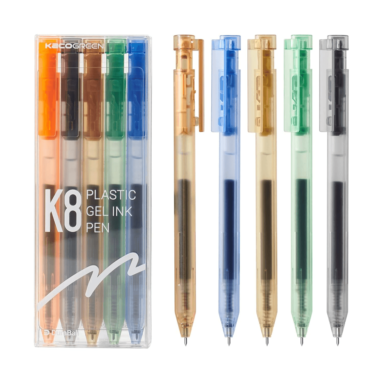 KaCo K8 Retractable Colored Gel Ink Pens 5 Pieces Colored Barrel. All Balck