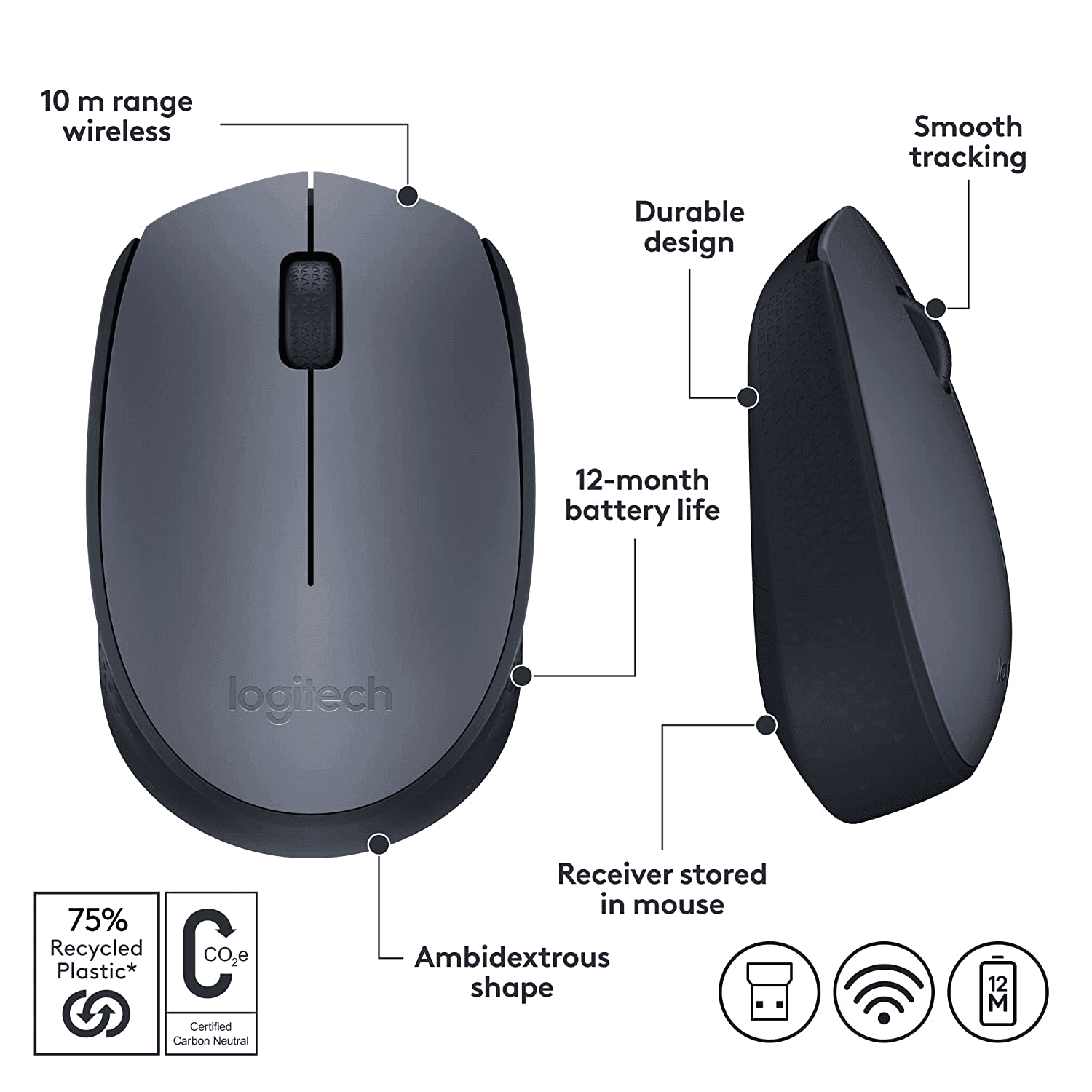 Logitech M170 Wireless Mouse, 2.4 GHz with USB Mini Receiver